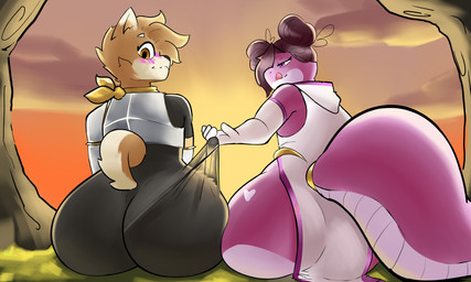 anthro armor big_butt big_tail blush bodysuit breastplate butt clothing clothing_pull duo embarrassed g-string hair hair_bun heart_(marking) huge_butt huge_tail looking_back male male/male markings skinsuit small_waist sunset tail tight_clothing tongue tongue_out touching_butt translucent twin_buns underwear wide_hips i_will_dance_only_if_the_beat_is_funky canid canine canis domestic_dog gecko lizard mammal reptile scalie shiba_inu spitz 5:3 absurd_res hi_res
