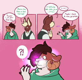 anthro clothing comic_panel curved_horn dialogue duo facial_piercing freckles glowing hoodie horn implied_transformation magical_transformation male nose_piercing nose_ring piercing ring_piercing simple_background sweater sweater_vest text topwear vest dusty-pixels dandychilla_(character) jamie_the_ram_(dusty-pixels) bovid caprine chinchilla chinchillid mammal rodent sheep absurd_res colored comic digital_media_(artwork) english_text hi_res