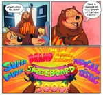 anthro brown_body brown_fur clothed clothing detailed_background dialogue female fur hair makeup male overweight overweight_male presenting simple_background skateboard text vehicle daisiloou creative_engineering_incorporated showbiz_pizza_place the_rock-afire_explosion billy_bob_brockali dook_larue mitzi_mozzarella bear brown_bear canid canine canis domestic_dog grizzly_bear mammal mouse murid murine rodent ursine 2023 comic digital_media_(artwork) english_text hi_res