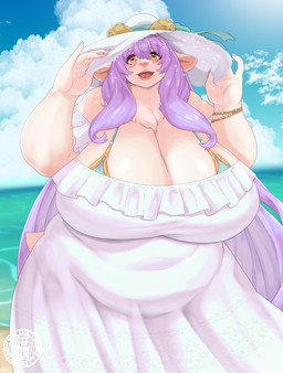 anthro bare_shoulders beach big_breasts blue_bra blue_clothing blue_underwear blush bra bracelet breasts brown_eyes brown_horn cleavage clothed clothing cloud curved_horn day deep_navel dress eyelashes female female_anthro fur furgonomic_dress furgonomic_hat furgonomic_headwear furgonomics glistening glistening_breasts hair hat headgear headwear holding_clothing holding_hat holding_headgear holding_headwear holding_object horizontal_pupils horn huge_breasts jewelry long_hair navel open_mouth outside overweight overweight_anthro overweight_female pink_nose pupils purple_hair sea sky smile solo standing tail thick_thighs underwear water white_body white_clothing white_dress white_fur white_hat white_headwear wide_hips sasanoha6011 lumeria_(sasanoha6011) bovid caprine goat mammal absurd_res hi_res