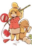 anthro blonde_hair bottomwear clothed clothing duo female fishing_rod food fur hair hammer monotone_bottomwear monotone_clothing monotone_skirt pencil_skirt plant shirt simple_background skirt tools topwear turnip vegetable white_background yellow_body yellow_fur setouchi_kurage animal_crossing nintendo isabelle_(animal_crossing) canid canine canis domestic_dog gyroid mammal 2020