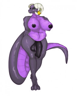 anthro big_breasts big_penis black_body breasts genitals green_eyes gynomorph hands_behind_back horn huge_breasts huge_penis intersex jewelry penis purple_body slightly_chubby solo tail jjh28_x mythology desidia_esuries dragon mythological_creature mythological_scalie scalie hi_res