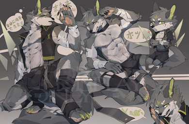 abs anthro bandage bandaged_arm biped black_bottomwear black_claws black_clothing black_topwear bottomwear bulge chibi claws clothing crouching detailed_bulge erection erection_under_clothing finger_claws fur genital_outline green_claws green_clothing green_eyes green_inner_ear green_topwear grey_body grey_ears grey_fur head_tuft male male_anthro mouth_closed muscular muscular_anthro muscular_male navel nipples open_mouth pecs penis_outline simple_background solo spread_legs spreading three-quarter_view topwear tuft white_body white_fur viosgit canid mammal hi_res watermark