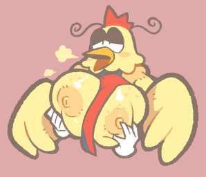 anthro apron areola beak big_breasts blotchy_areola blush blush_stickers breast_grab breast_play breast_squish breasts breath cartoon_freckles clothing disembodied_hand duo female freckled_breasts freckles half-closed_eyes hand_on_breast huge_breasts narrowed_eyes nipple_dip nipples non-mammal_breasts non-mammal_nipples open_beak open_mouth pink_background simple_background squish wings berryofmalice cheap_cheap_the_cooking_chicken avian bird chicken galliform phasianid