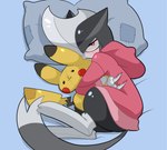 armor big_eyes blade blush clothing grey_body headgear heart_eyes heart_symbol helmet hoodie hug male pikachu_plushie pillow pink_clothing pink_hoodie pink_topwear red_eyes round_head shy solo tail topwear sinfrou fakemon nintendo pokemon bix bisharp generation_5_pokemon humanoid hybrid mienshao pokemon_(species) absurd_res hi_res