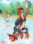 anthro beach clothing female frisbee group laugh male male/female trio scoundrel_scaramouche canid canine canis collie dalmatian domestic_dog herding_dog mammal pastoral_dog sheepdog