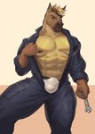 abs anthro bodily_fluids bulge clothed clothing detailed_bulge male muscular muscular_anthro muscular_male navel nipples partially_clothed pecs solo sweat underwear rsotart equid equine horse mammal hi_res