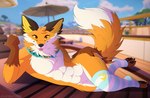 anthro beach beach_umbrella blep blue_clothing blue_footwear blue_legwear blue_sky blue_socks blue_thigh_highs blue_thigh_socks butt butt_grab clothing collar fluffy fluffy_ears fluffy_tail footwear fur furniture hand_on_butt legwear male muscular orange_body orange_eyes orange_fur parasol pose sky socks solo tail thigh_highs thigh_socks tongue tongue_out white_body white_fur wood wood_furniture leo-wolf epic_games fortnite fennix_(fortnite) canid canine fox humanoid mammal red_fox true_fox 2024 absurd_res hi_res pinup watermark