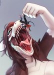 anthro anthro_pred anthro_prey bodily_fluids breasts brown_hair dangling detailed_mouth duo extreme_size_difference female hair high-angle_view holding_character holding_leg imminent_oral_vore imminent_vore larger_anthro larger_female male saliva saliva_string sharp_teeth simple_background size_difference smaller_anthro smaller_male tail teeth eellivven mythology abbie_(heckineatcha) dragon mammal mouse murid murine mythological_creature mythological_scalie rodent scalie absurd_res digital_media_(artwork) digital_painting_(artwork) hi_res