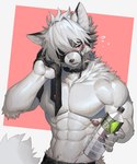 abs anthro belt blush bodily_fluids bottle bottomwear clothed clothing container fur gloves hair handwear holding_bottle holding_container holding_object male muscular muscular_anthro muscular_male obliques pants pecs red_eyes solo sweat sweaty_abs sweaty_body tail text topless topless_anthro topless_male towel water_bottle white_body white_fur ty_arashi mihoyo zenless_zone_zero von_lycaon canid canine canis mammal wolf 2024 5:6 absurd_res english_text hi_res