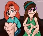 anthro breasts brown_hair clothed clothing duo ear_piercing eyewear female fur glasses hair long_hair markings mole_(marking) piercing red_hair sitting tan_body tan_fur oddbaillie disney goof_troop roxanne_rover stacey_(goof_troop) canid canine canis domestic_dog mammal 2018 digital_media_(artwork) hi_res