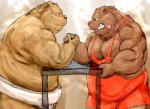 anthro arm_wrestling asian_clothing barazoku bodily_fluids clothing duo east_asian_clothing fundoshi japanese_clothing kemono male muscular obese overweight simple_background standing steam sweat underwear vein white_clothing white_underwear wrestling_singlet kotobuki bear brown_bear grizzly_bear mammal ursine 2016