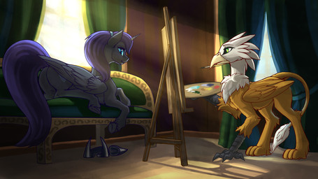 artist drawing female feral hooves horn inside male posing_for_picture tail wings kirillk hasbro my_little_pony mythology nyx_(pen_stroke) avian equid equine gryphon horse mammal mythological_avian mythological_creature mythological_equine pony unicorn winged_unicorn absurd_res hi_res portrait