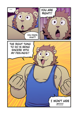 anthro blue_clothing blue_shirt blue_topwear border brown_hair clothing cute_fangs dialogue ellipsis excited fangs fist front_view hair head_on_arm male nipples open_mouth puffed_out_chest realization shirt solo speech_bubble surprised tank_top teeth text three_frame_image topwear white_border yellow_body t0l0k scott_(t0l0k) felid lion mammal pantherine comic english_text hi_res multiple_scenes