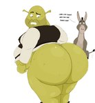 big_butt butt clothing duo ear_stalk green_body grey_body male overweight overweight_male shirt text topwear animehikaridesu dreamworks shrek_(series) donkey_(shrek) shrek_(character) asinus donkey equid equine humanoid mammal ogre 2023 english_text hi_res