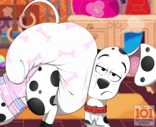 clothed clothing diaper diaper_on_face diaper_only duo female feral fur hair male markings spots topless wearing_diaper white_body white_fur crimsonoutlands 101_dalmatian_street 101_dalmatians disney dolly_(101_dalmatians) dylan_(101_dalmatians) canid canine canis dalmatian domestic_dog mammal digital_media_(artwork) hi_res