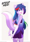 anthro blue_clothing blue_hair bottomwear bra breasts canid canine canis clothing erdfurry female fur green_hair hair hi_res lanna_(erdfurry) looking_at_viewer mammal multicolored_body multicolored_fur multicolored_hair one_eye_closed orange_hair purple_body purple_clothing purple_eyes purple_fur red_hair shirt shorts simple_background small_breasts solo sports_bra strip_game tank_top text topwear two_tone_body two_tone_fur underwear url white_background white_body white_fur wolf