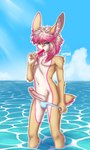 5_fingers anthro blue_clothing blue_eyes blue_speedo blue_swimwear clothing erection fingers food fur genitals hair humanoid_genitalia humanoid_penis light looking_at_viewer male penis popsicle popsicle_in_mouth popsicle_melting sea solo speedo standing sunlight swimwear tan_body tan_fur water white_hair shyder shyder_cutetail lagomorph leporid mammal rabbit 3:5 hi_res