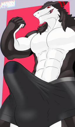 abs anthro bodily_fluids boxers_(clothing) clothing flexing genital_fluids genitals grin grinning_at_viewer hair long_hair male muscular penis precum red_eyes sharp_teeth smile smiling_at_viewer solo standing teeth throbbing throbbing_penis underwear wet wet_clothing j450n2080 ford_sergal aquatic fish hybrid sergal shark animated hi_res
