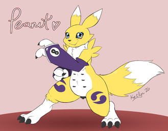 animal_genitalia animal_vulva anthro belly black_claws black_nipples black_sclera blue_eyes canine_genitalia canine_vulva canine_vulva_from_the_front claws double_tomoe female fur genitals grin grinning_at_viewer nipples slightly_chubby smile smiling_at_viewer smirk smirking_at_viewer solo teats tomoe_(symbol) vulva yellow_body yellow_fur kerilyn bandai_namco digimon peanut_(kerilyn) digimon_(species) renamon hi_res
