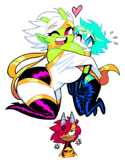 antennae_(anatomy) big_breasts blue_eyes blush blush_lines blush_stickers boots breasts clothed clothing cross-popping_vein cuckquean eyelashes eyewear female fingers footwear freckled_face freckles gloves green_body green_skin group hair handwear heart_symbol high_heeled_boots high_heels horn hug huge_breasts humanoid_pointy_ears legwear long_eyelashes male mask one_eye_closed open_mouth pointy_ears purple_hair shoes simple_background teeth thick_thighs thigh_boots thigh_highs tight_clothing tongue trio white_background white_hair theguywhodrawsalot penny_(theguywhodrawsalot) sara_(theguywhodrawsalot) valerie_(theguywhodrawsalot) alien alien_humanoid horned_humanoid human humanoid mammal 2025 hi_res