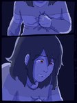 3:4 bodily_fluids clothing crying deltarune digital_drawing_(artwork) digital_media_(artwork) hand_on_chest hi_res human kris_(deltarune) male mammal purple_theme red_eyes sad simple_background solo sweater tears teeth topwear trexpel undertale_(series)