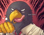 anthro beak black_body black_feathers blush bodily_fluids clothing feathers hand_lick male saliva saliva_string solo text tongue tongue_out topwear white_clothing white_topwear yellow_beak yellow_hand tan_(artist) tan_(character) accipitrid accipitriform avian bird eagle korean_text translated