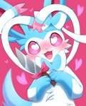 3_fingers ambiguous_gender blue_body blue_ears blue_fur blue_nose blue_tail blush bow_(decoration) bow_(feature) bow_ribbon cheek_tuft cute_fangs ear_bow facial_tuft fangs feral fingers front_view fur gloves_(marking) heart_eyes heart_pupils heart_symbol holding_knife holding_object kemono knife looking_at_viewer markings monotone_tail multicolored_body multicolored_fur neck_bow no_sclera open_mouth open_smile paws pink_background pink_eyes pink_inner_ear pupils ribbon_heart ribbons semi-anthro simple_background smile solo tail teeth tongue tuft two_tone_body two_tone_fur white_body white_fur white_pupils white_ribbon yandere yuni_kemono nintendo pokemon eeveelution generation_6_pokemon mammal pokemon_(species) shiny_pokemon sylveon colored digital_media_(artwork) half-length_portrait hi_res portrait shaded