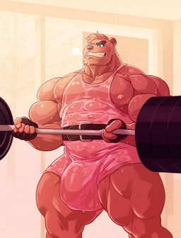 abs anthro barbell belly belt biceps big_bulge big_muscles biped black_nose blue_eyes blush bodily_fluids bottomwear brown_hair bulge clenched_teeth clothing exercise facial_hair flexing front_view gloves hair handwear holding_object huge_muscles hyper hyper_muscles looking_at_viewer male manly mature_anthro mature_male muscular muscular_anthro muscular_arms muscular_male nipples pants pecs pose serious shirt simple_background solo standing sweat teeth topwear uniform weightlifting weightlifting_belt weights workout wrestling_singlet mezcal_(artist) bear brown_bear grizzly_bear mammal ursine hi_res