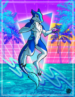 1980s_theme anthro beverage blue_body blue_fur chest_tuft claws ear_piercing floating fur green_eyes grid liquid male outline palm_tree piercing plant soda solo spill sun tail tree tuft vaporwave water white_body white_fur aguarius sergal hi_res signature