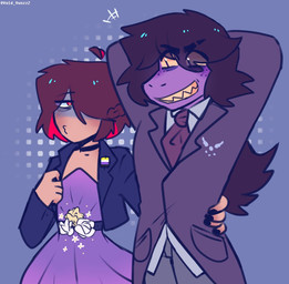 ambiguous_gender ambiguous_human anthro arm_around_waist black_tie_(suit) blush brown_hair clothing colored_nails dress duo female female/ambiguous female_anthro grin hair hair_over_eye lgbt_pride long_hair nails necktie nonbinary_pride_colors pride_colors smile suit void_vunzzz deltarune undertale_(series) kris_dreemurr susie_(deltarune) human mammal scalie nonbinary_(lore)