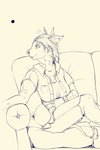 anthro clothed clothing coffee_mug female furniture sitting sofa solo asquishybean bovid bovine cattle mammal 2:3 digital_drawing_(artwork) digital_media_(artwork) monochrome portrait three-quarter_portrait