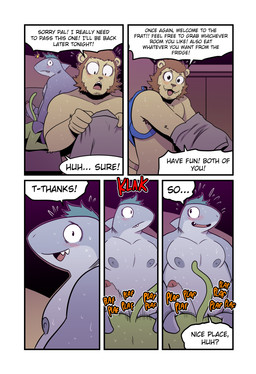 anthro blush bodily_fluids butt clothing cute_fangs dialogue dressing earless erection fangs five_frame_image flustered fur genitals gills glans green_body green_fur green_hair grey_penis group hair hand_on_butt holding_clothing holding_object holding_penis holding_shirt holding_topwear humanoid_genitalia humanoid_penis hurry male male/male mitten_hands mohawk neck_fin nervous nipples non-mammal_nipples overweight overweight_anthro overweight_male penis round_ears sex shirt speech_bubble sweat tail talking_during_sex teeth teeth_showing text topwear trio wide_eyed t0l0k isaac_(t0l0k) scott_(t0l0k) ted_(t0l0k) domestic_cat felid feline felis fish lion mammal marine pantherine shark comic english_text hi_res multiple_scenes