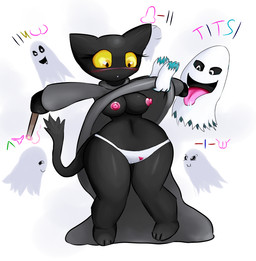 anthro assisted_exposure black_body black_fur blush breasts cloak clothed clothing clothing_lift dress dress_lift embarrassed female front-print_panties fur group heart_clothing heart_panties heart_print heart_print_panties heart_print_underwear heart_symbol heart_underwear holidays nipples open_mouth panties print_clothing print_panties print_underwear shortstack simple_background smile tongue tongue_out underwear white_background white_clothing white_panties white_underwear wide_hips yellow_eyes cactuscacti google google_doodle halloween magic_cat_academy momo_(google) domestic_cat felid feline felis ghost mammal spirit 2016