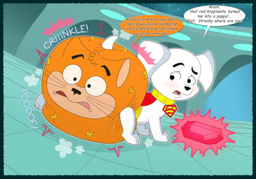 age_regression big_diaper black_eyebrows black_nose blush blush_lines cape clean_diaper clothed clothing collar collar_tag dialogue diaper diaper_transformation duo eyebrows feral floppy_ears fur kryptonite male open_mouth orange_diaper pattern_diaper red_cape red_clothing speech_bubble text tongue transformation wearing_diaper whiskers white_body white_fur yellow_collar young tenerius krypto_the_superdog krypto streaky_the_supercat animate_inanimate canid canine diaper_creature felid feline mammal absurd_res english_text hi_res