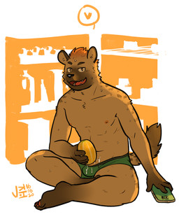 anthro biped bodily_fluids briefs brown_body brown_fur cellphone chamoe_melon clothing cum cum_in_food electronics food food_fetish food_penetration food_play fruit fur genital_fluids hair improvised_sex_toy looking_at_viewer male masturbation melon nipples open_mouth orange_hair penetrable_sex_toy phone plant sex_toy simple_background sitting solo sweat underwear jeck hyena mammal spotted_hyena hi_res