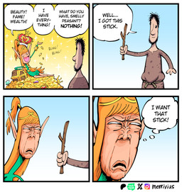 beard belt black_beard black_eyes black_facial_hair black_hair brown_clothing closed_smile clothing coin container crown cup dialogue diamond_(gem) dress facial_hair female gem goblet gold_(metal) gold_coin green_clothing green_dress hair headgear holding_object holding_stick humanoid_pointy_ears humor jewelry light_body light_skin long_ears long_hair male male_human mouth_closed necklace orange_hair pointy_ears ponytail rope rope_belt short_hair smile speech_bubble stick tan_body tan_skin text thought_bubble tiara treasure treasure_chest merrivius elf_comic elf_(merrivius) human_(merrivius) elf human humanoid mammal comic english_text hi_res lol_comments