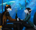 anthro aquarium clothed clothing cybernetics duo female hand_holding machine male public_aquarium sitting smile tail_tattoo tattoo vivarium elvofirida kamikaze_otium laguna_silverjaw canid canine canis cyborg fish fox hybrid mammal marine shark wolf