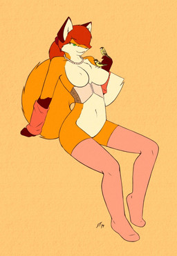 anthro arm_warmers armwear big_breasts breasts clothed clothing corset eye_contact female fluffy fluffy_tail fur green_eyes hair humor jewelry legwear lingerie looking_at_another mostly_nude necklace orange_body orange_fur ponytail pun reclining red_hair smile solo stockings tail topwear visual_pun white_body white_fur starfighter canid canine fox mammal 2014