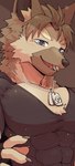 abs anthro blue_eyes brown_body brown_fur clothing collar dog_tags fangs fur hair jewelry male muscular muscular_anthro muscular_male necklace pecs shirt smile solo standing teeth topwear dark_ishihara canid canine canis domestic_dog mammal absurd_res hi_res