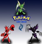 ambiguous_gender black_body clamp claws evolutionary_family green_body group melee_weapon polearm red_body scythe trio weapon wings yellow_eyes jhony_ryu nintendo pokemon pokemon_reloaded generation_1_pokemon generation_2_pokemon pokemon_(species) scizor scyclaw scyther