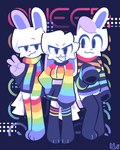 anthro biped black_eyes blue_eyes clothing female fur group looking_at_viewer male multicolored_clothing rainbow_clothing slim_anthro slim_male standing trio white_body white_fur artifyber lagomorph leporid mammal rabbit 2024 hi_res