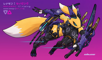 anthro armor athletic athletic_anthro athletic_female big_breasts biped black_claws black_sclera blue_eyes bodysuit breastplate breasts cheek_markings claws clothed clothed_anthro clothed_female clothing cybernetic_leg cybernetic_limb cybernetics determined dipstick_ears dipstick_tail ear_markings ears_back facial_markings female female_anthro fingerless_gloves fluffy fluffy_tail fur gauntlets glistening glistening_breasts gloves gradient_background hand_on_sword handwear head_markings machine markings melee_weapon multicolored_body multicolored_ears multicolored_fur pivoted_ears running scabbard science_fiction sheathed_sword sheathed_weapon simple_background skinsuit solo sword tail tail_markings text thick_thighs throwing_knife tight_clothing toe_claws trail two_tone_ears weapon white_dipstick_ears white_tail_tip yellow_body yellow_fur yellow_tail ishiexe bandai_namco digimon cyborg digimon_(species) mammal renamon 2025 artist_name digital_media_(artwork) english_description english_text full-length_portrait hi_res japanese_text portrait smaller_version_at_source species_name translation_request
