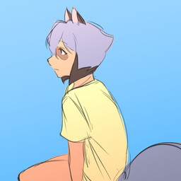 anthro biped blue_background blue_hair clothing facial_markings female hair head_markings markings mask_(marking) orange_body shirt short_hair side_view simple_background sitting solo tail topwear yellow_clothing yellow_shirt yellow_topwear mhcmm909 brand_new_animal studio_trigger michiru_kagemori canid canine mammal raccoon_dog tanuki 1:1 2021 hi_res sketch