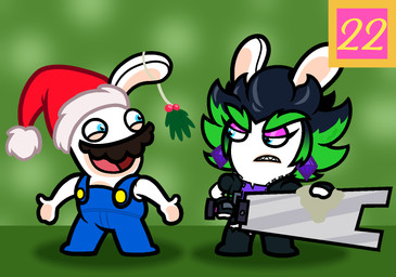 amethyst_(gem) anthro bent_arm black_boots black_clothing black_footwear black_hair black_handwear black_mittens blue_clothing blue_eyes blue_overalls boots brown_facial_hair brown_mustache button_(fastener) christmas_clothing christmas_headwear clothed clothed_anthro clothed_female clothed_male clothing duo ear_piercing eyebrows eyelashes facial_hair female footwear frowning_at_another fur gem green_eyebrows green_hair green_wall hair handwear hat headgear headwear holding_cloth holding_melee_weapon holding_object holding_sword holding_weapon holidays holly_(plant) jacket light long_ears looking_at_another male male/female melee_weapon mitten_hands mittens multicolored_hair mustache noseless number open_clothing open_jacket open_topwear overalls pawpads piercing pink_tongue plant purple_clothing purple_ear_piercing purple_eyelids purple_shirt purple_topwear red_clothing red_hat red_headwear santa_hat sharp_teeth shirt shoes short_hair smile smiling_at_another spiky_hair sword tan_body tan_eyelids tan_inner_ear tan_pawpads tan_skin teeth text_box thick_eyebrows tongue topwear torn_clothing torn_shirt torn_topwear two_tone_hair unimpressed wall_(structure) weapon white_body white_fur captainquack64 christmas mario_bros mario_plus_rabbids_kingdom_battle mario_plus_rabbids_sparks_of_hope nintendo raving_rabbids rayman_(series) ubisoft edge_(mario_plus_rabbids) rabbid_mario lagomorph mammal rabbid 2025 colored crossover digital_drawing_(artwork) digital_media_(artwork) english_description hi_res lighting