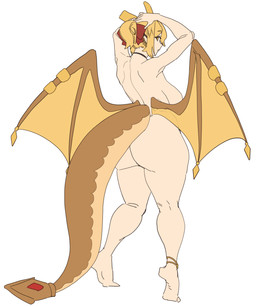 accessory big_breasts big_butt big_wings black_choker black_jewelry black_necklace blonde_hair breasts brown_tail brown_wings butt choker feet female hair hair_accessory hair_ribbon hand_on_head jewelry leg_bracelet long_tail looking_back membrane_(anatomy) membranous_wings necklace nude nude_female nude_humanoid ponytail rear_view ribbons short_hair simple_background solo tail thick_tail thick_thighs tied_hair white_background wide_hips wings yellow_eyes yellow_membrane gyrbdark mythology trickcal goldy_(trickcal) animal_humanoid dragon dragon_humanoid humanoid mythological_creature mythological_scalie scalie 2026 5:6 absurd_res colored_sketch digital_drawing_(artwork) digital_media_(artwork) flat_colors full-length_portrait hi_res portrait sketch