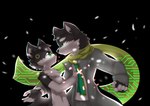 anthro black_background bottomwear cheek_tuft chest_tuft clothed clothing coat dark_body dark_fur duo eye_contact facial_tuft fur glistening glistening_eyes green_eyes green_scarf grey_body grey_bottomwear grey_clothing grey_coat grey_fur grey_pants grey_topwear head_tuft looking_at_another male mouth_closed nude pants scarf side_view simple_background topwear tuft unsigned white_body white_clothing white_fur white_topwear kewkungzn canid mammal hi_res