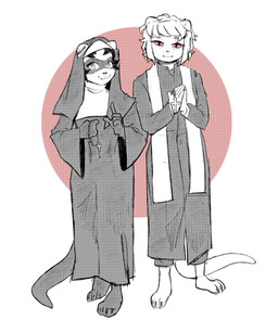 anthro barefoot clothed clothing cross cross_necklace crossdressing duo facial_markings feet female head_markings jewelry male markings mask_(marking) necklace nun priest red_eyes sneel kolka_(sneel) poppy_(sneel) domestic_ferret mammal mustelid musteline true_musteline weasel 2021 hi_res sketch brother_(lore) brother_and_sister_(lore) sibling_(lore) sister_(lore)