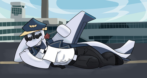 accessory aircraft airfield airport anthro black_sclera boeing_787 clothing coat_cape eye_contact flower flower_in_mouth hat headgear headwear looking_at_another looking_at_viewer lying machine male necktie on_side peaked_cap pilot pilot_hat pilot_uniform plant rose_(flower) rose_in_mouth shirt solo topwear unbuttoned_shirt vehicle white_body bunchasticks boeing roger_(bunchasticks) aeromorph living_aircraft living_machine living_vehicle hi_res