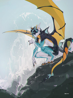 anthro biped claws clothed clothed_anthro clothed_male clothing crouching feet fingers front_view hair horn looking_at_viewer male smile solo tail toes wet wings hale. aquatic fish hybrid shark 2026 3:4 digital_drawing_(artwork) digital_media_(artwork) hi_res